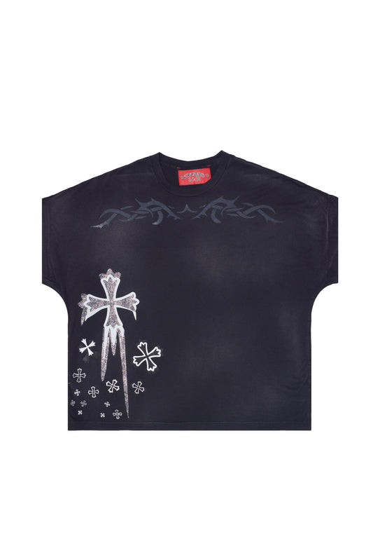 "MELTING CROSS" RHINESTONE TEE